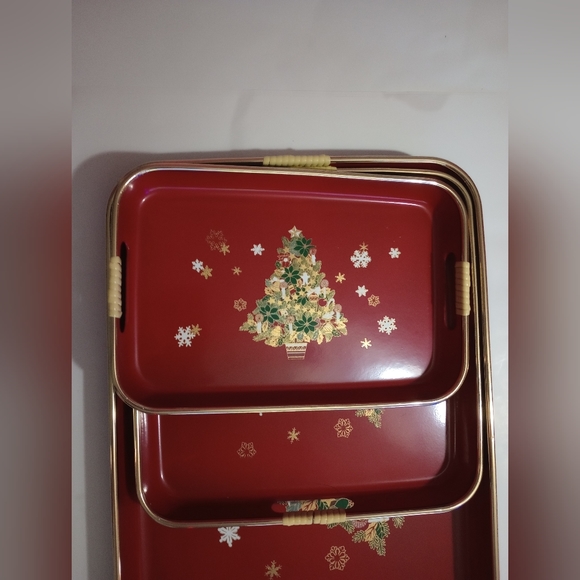 Vintage Lacquer Ware Tray Trio CHRISTMAS Hand decorated Japan 1985 - Picture 4 of 4